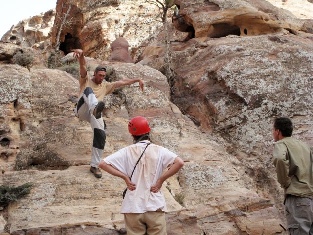 A lecture how to walk safely on the rock.